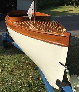 1904 Antique Wooden Launch Boat with Trailer   Fay & Bowen Style