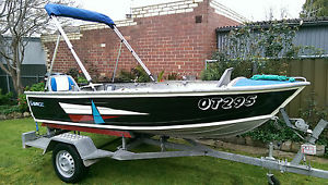 Savage Snipe 3.8m aluminium boat tinny, Mercury outboard motor & boat trailer