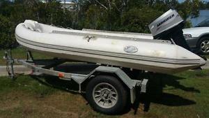 RIB - solid fiberglass hull, 2006 30hp good cond, high clearance offroad trailer