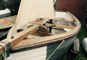 Wooden sailing boat, gaff rigged, classic yacht, sailing dinghy, Clinker.