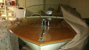 1957 antique wood 15 foot outboard motorboat made by Hultcraft of Wausa Nebraska